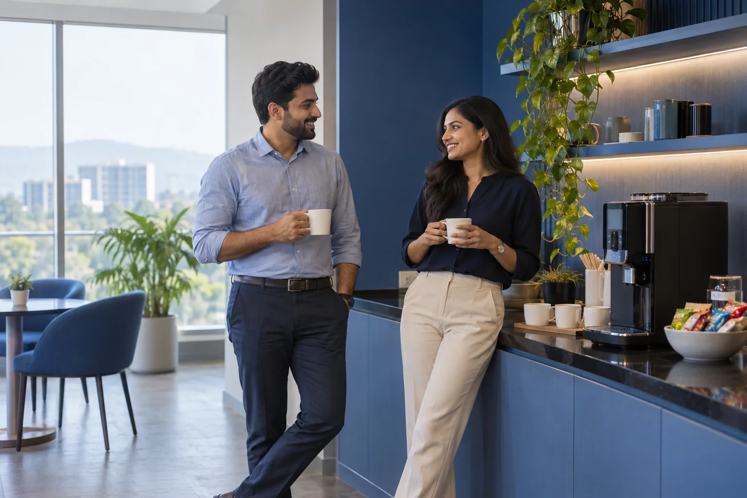 Colleagues taking a coffee break beside an office pantry and beverage machine