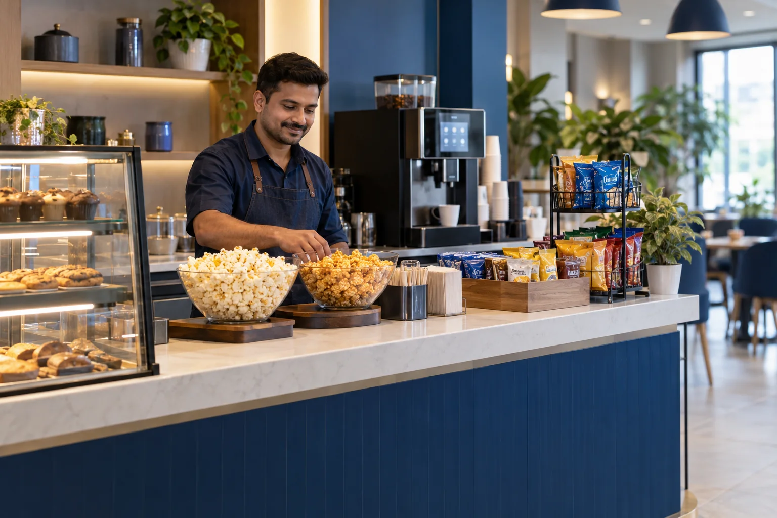 Cafeteria counter with coffee machine, snacks and staff member