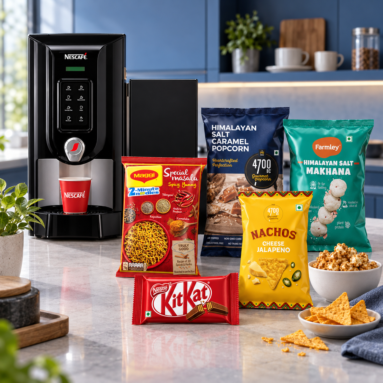AI-generated pantry concept with a NESCAFÉ vending machine, MAGGI noodles, KITKAT, 4700BC nachos and popcorn, and Farmley makhana